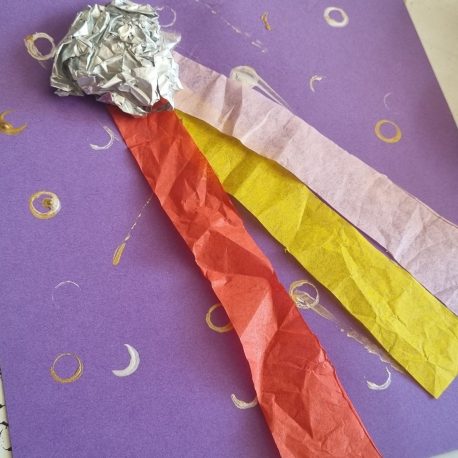 Апликация падаща звезда за малки деца от фолио, тишу хартия и картон